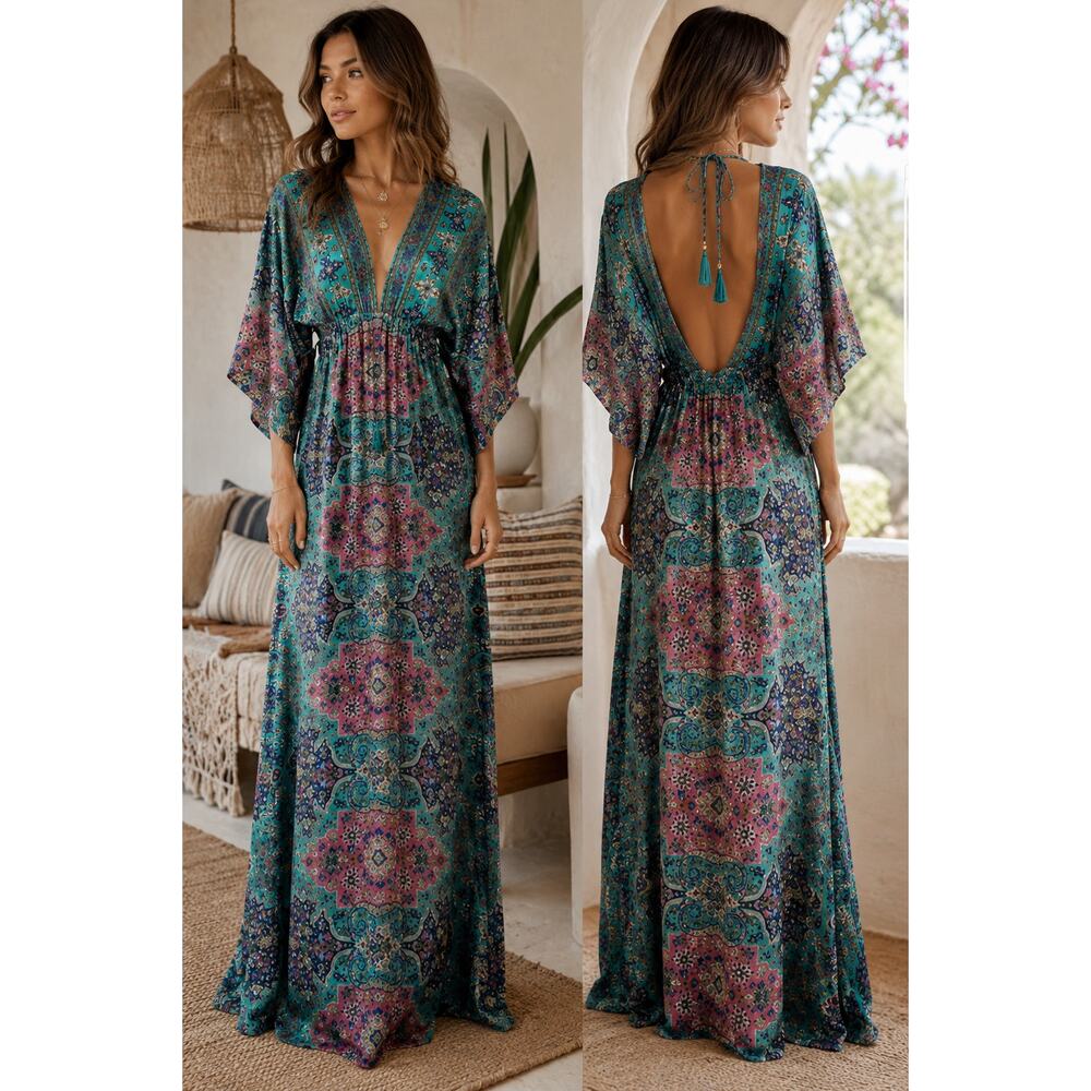 Karma Highway Paisley Satin Maxi Dress OS Boho Resort Caftan Backless